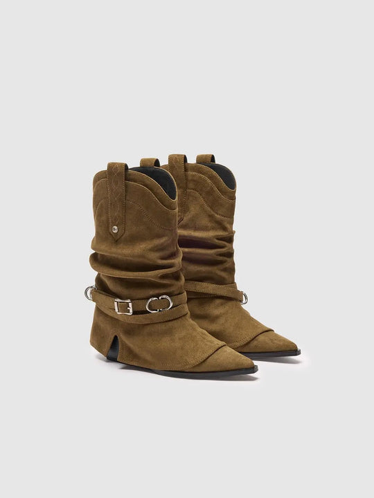 Ruched Western Boot With Buckled Ankle Strap