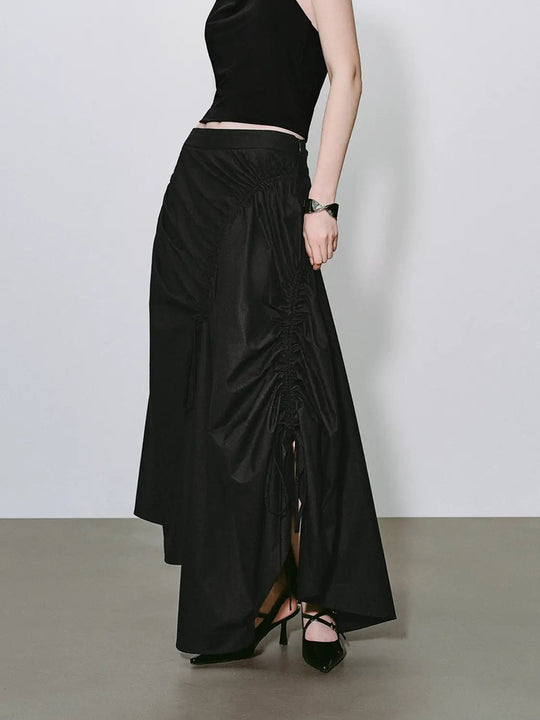 High-Waisted Ruched Drawstring Slit Irregular Hem A-Line Cotton Skirt