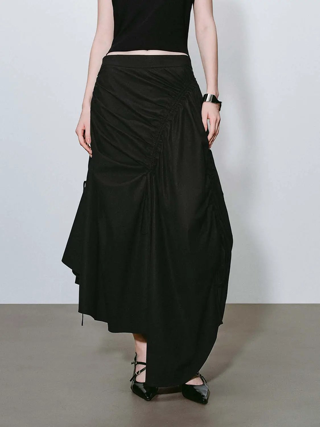 High-Waisted Ruched Drawstring Slit Irregular Hem A-Line Cotton Skirt in black