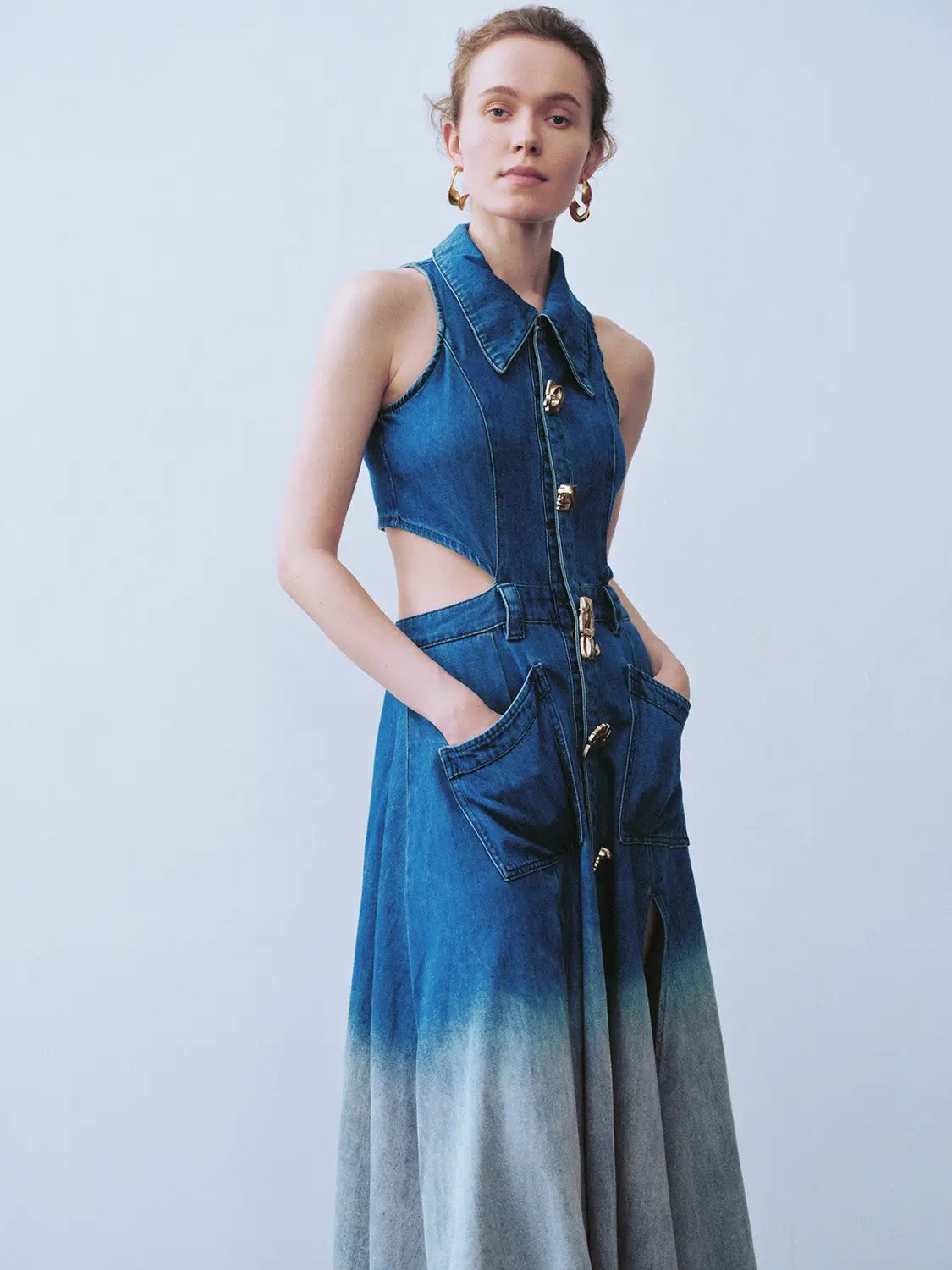 Gradient Cut-Out Sleeveless Denim Dress by Urban Revivo Fashion