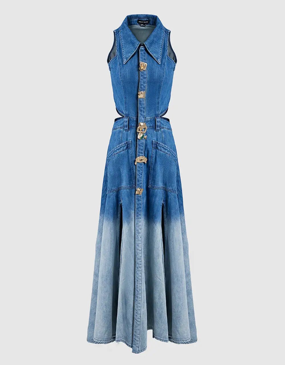 Cutout Sleeveless Cotton Denim Gradient Dress, Blue / XXXL