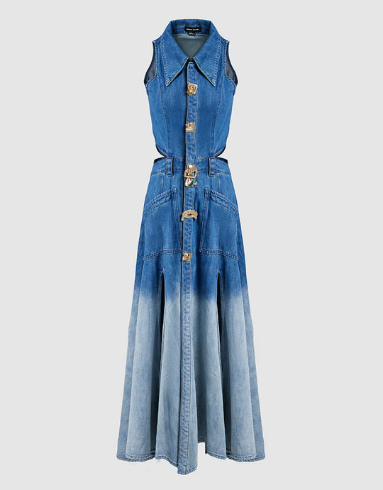 Gradient Cut-Out Sleeveless Denim Dress