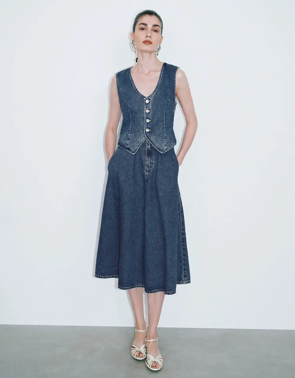 urban revival denim dress Tailored Button Front Midi Dress, Blue / S Size:≈ 31.5