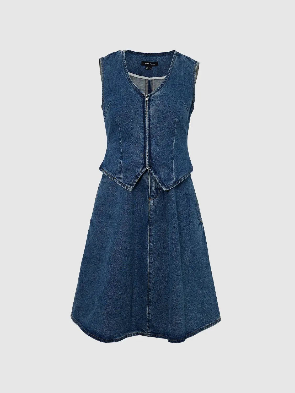 urban revivo denim dress Classic Sleeveless Seam Detail V Neck Dress, Blue / S Size:US 00 (XXS) sleeveless silhouette Older Brides Short Casual Heel Height:High (3-4 inches)