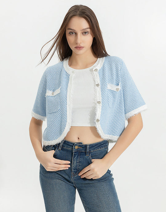 Raw Hem Crew Neck Knitted Cardigan