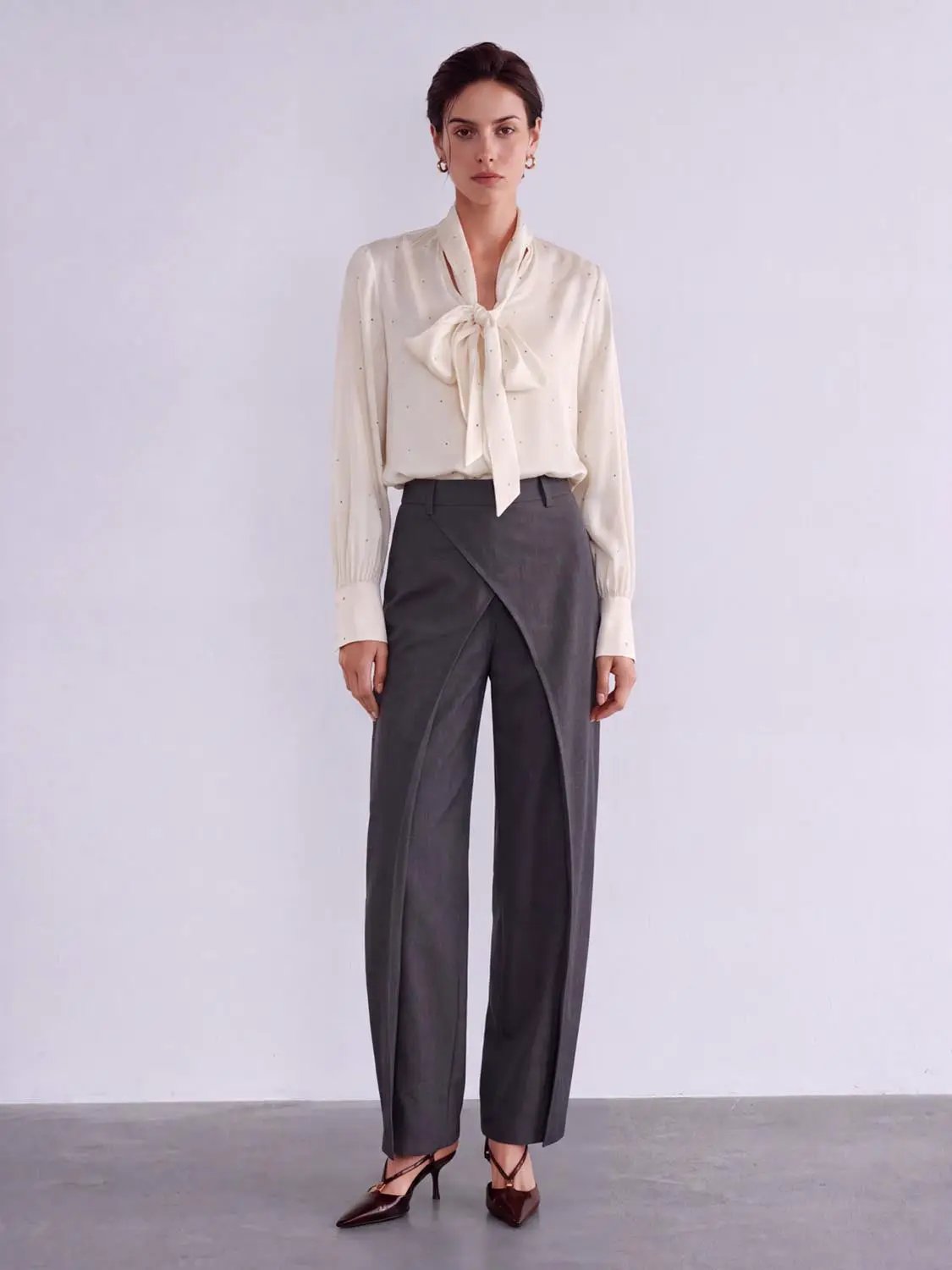 Split Front Draped High Waist Wide Leg Pants, gray carrot-fit by Urban Revivo Fashion