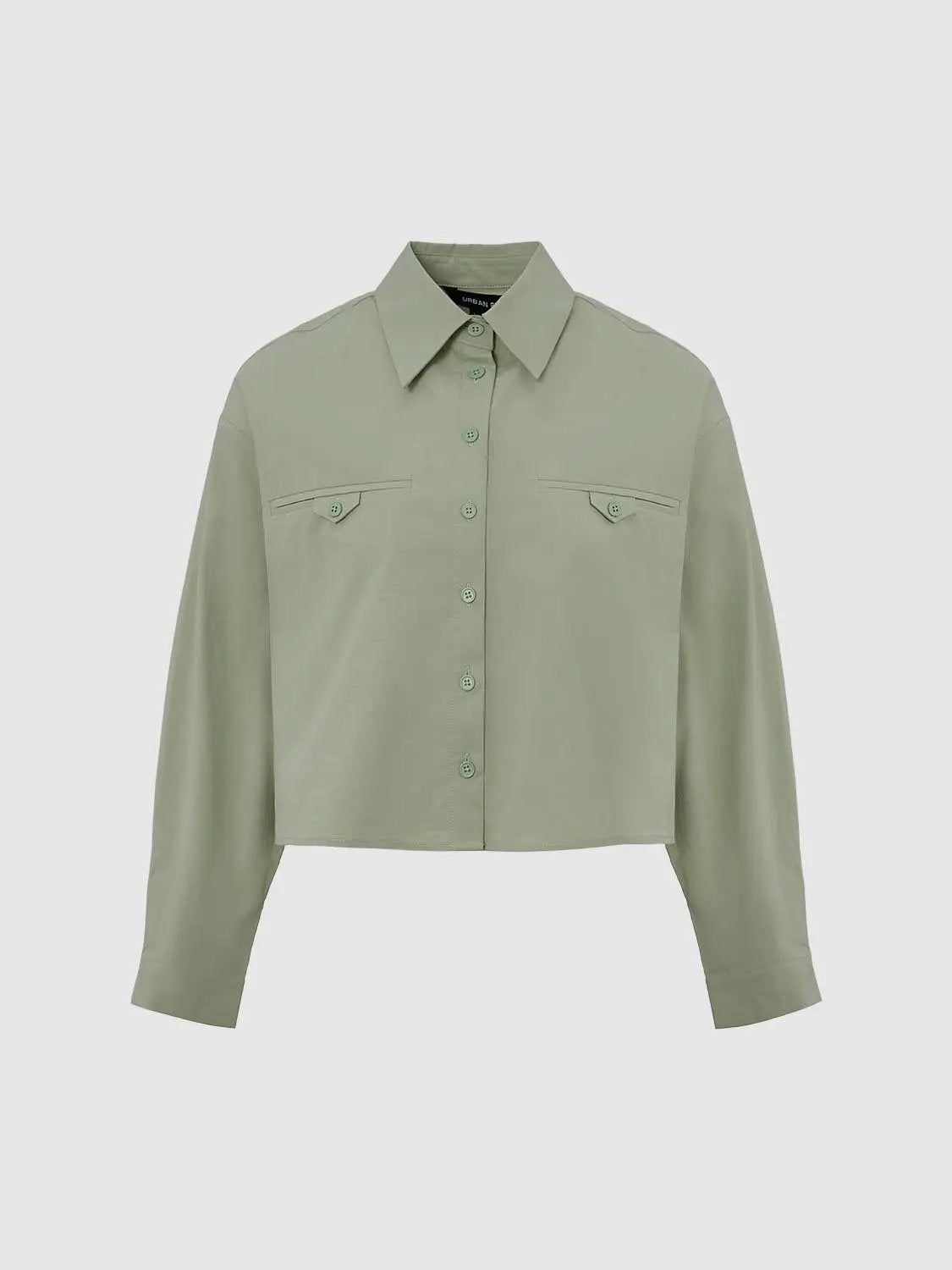Cropped button-front non-stretch cotton shirt in sage green by Urban Revivo Fashion