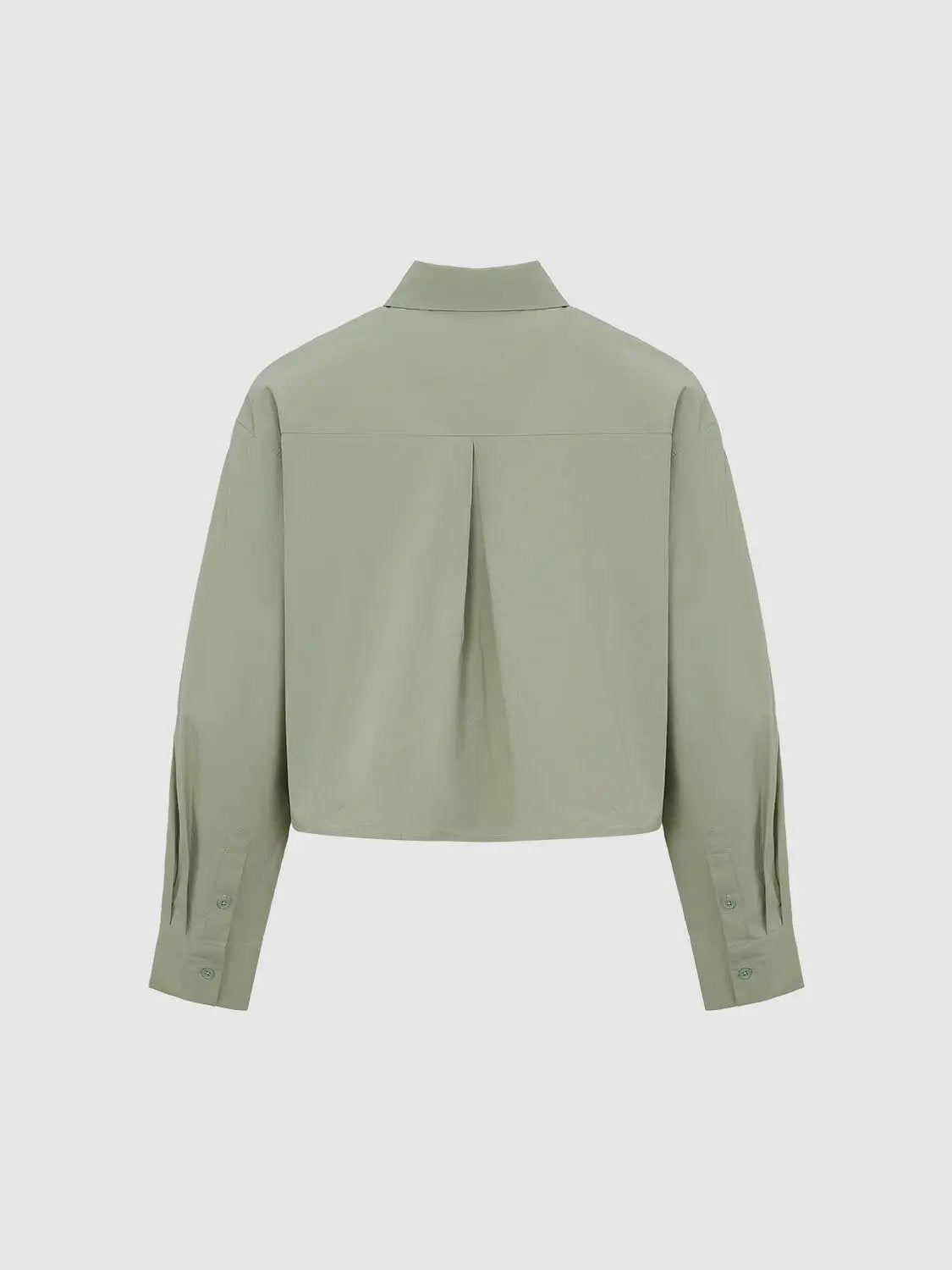 Cropped Button-Front Non-Stretch Cotton Shirt in sage green, long sleeves, back view.