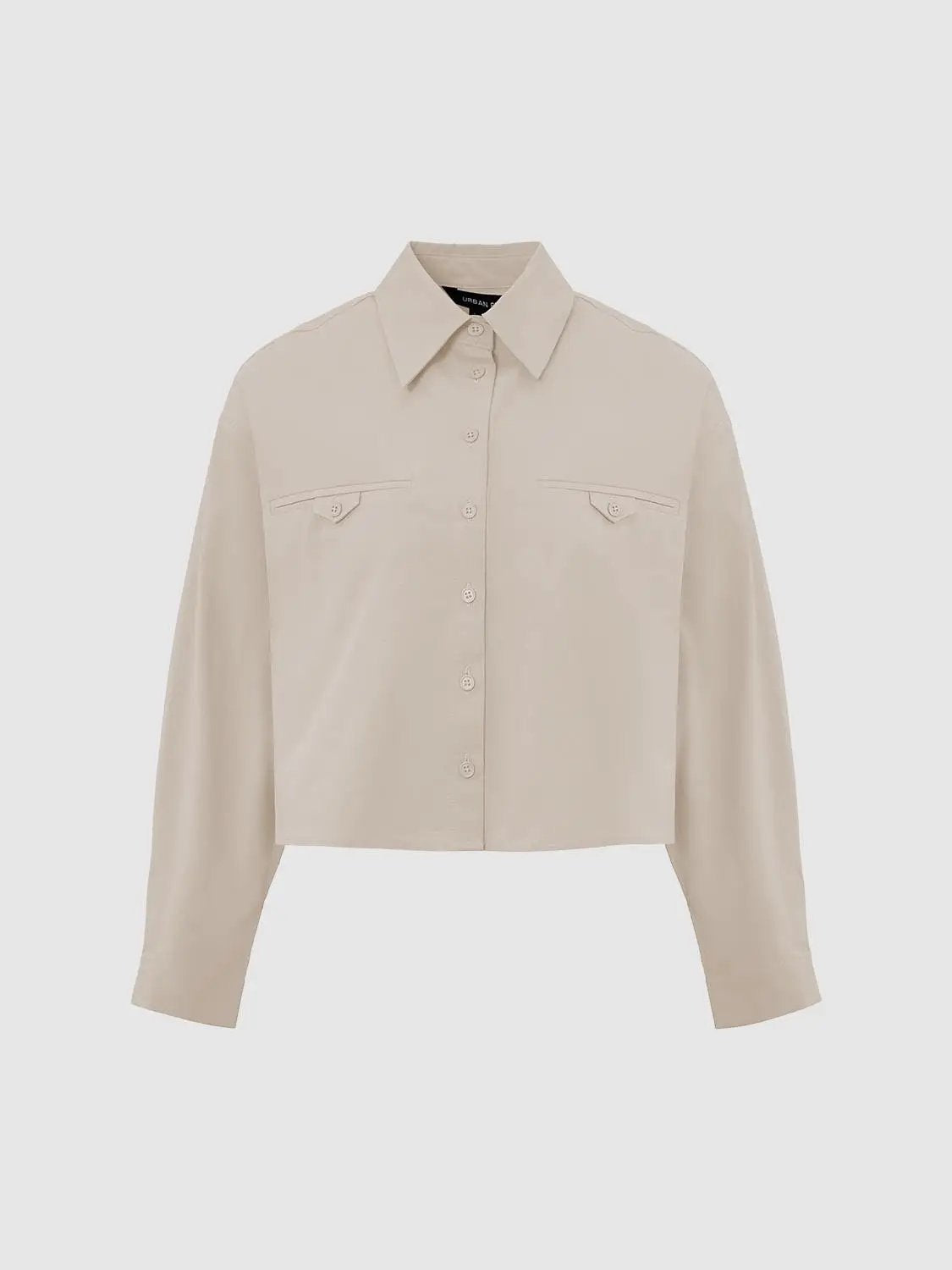 Cropped button-front non-stretch cotton shirt in beige with two chest flap pockets, Urban Revivo Fashion.