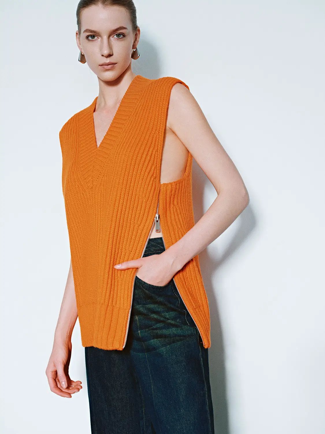 Loose V-Neck Knitted Vest, orange knit, sleeveless with side zip by Urban Revivo Fashion
