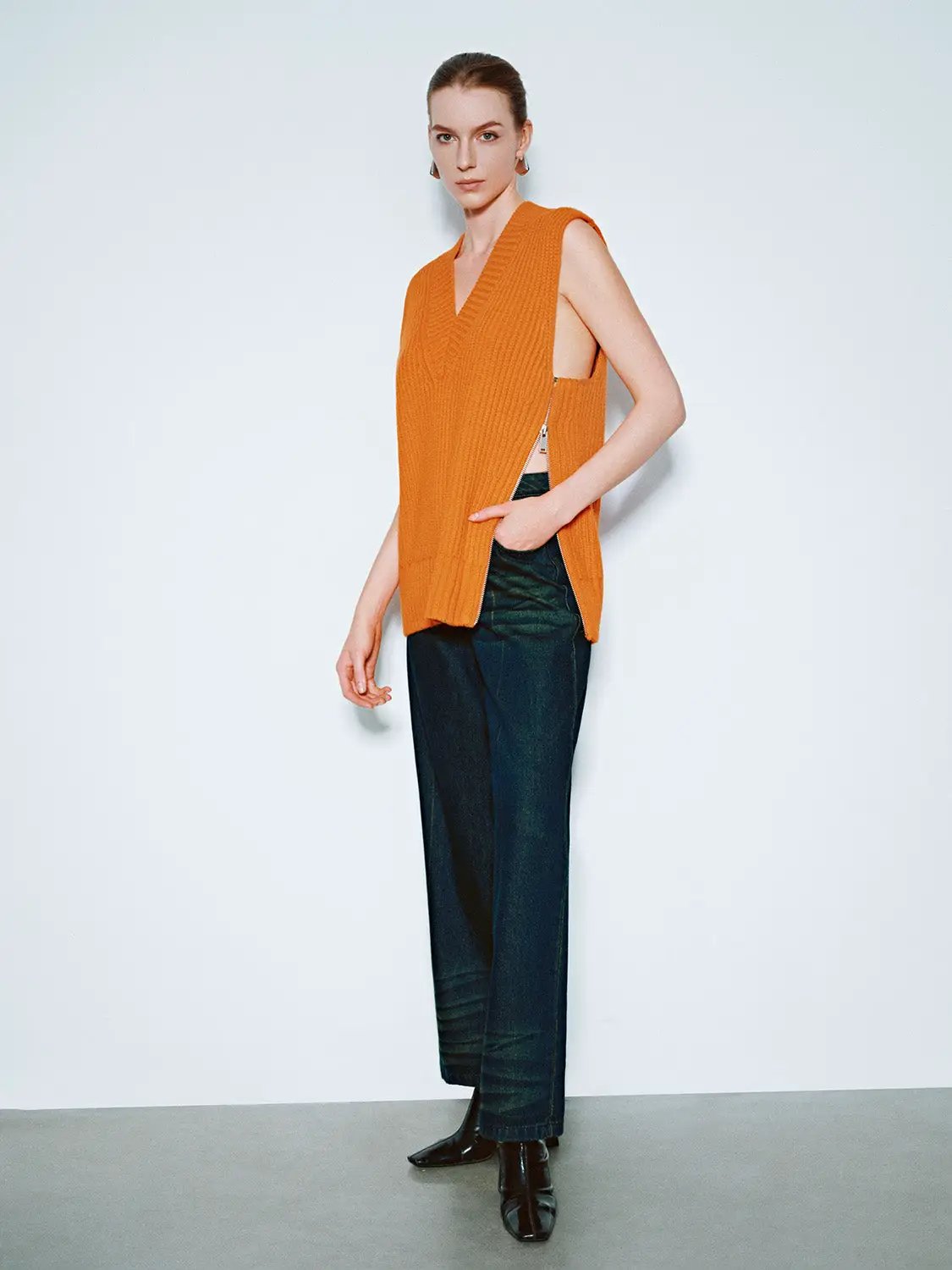 Loose V-Neck Knitted Vest, orange with side zipper.