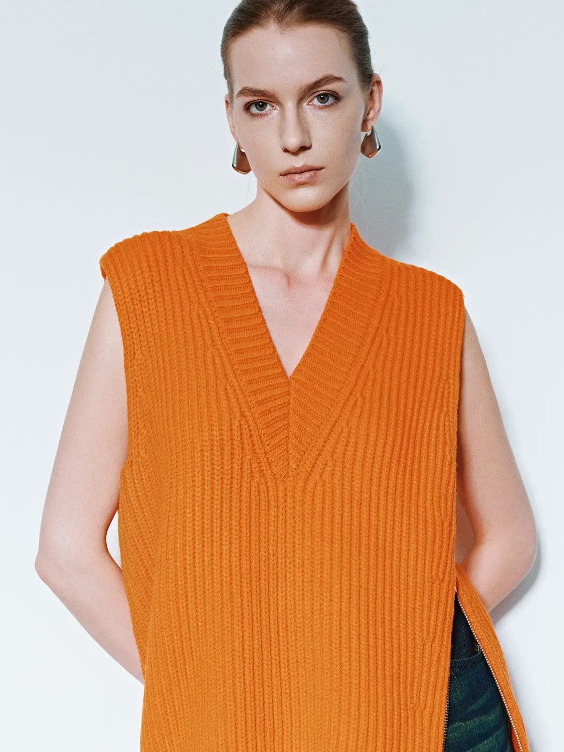 Loose V-Neck Knitted Vest, orange sleeveless rib-knit by Urban Revivo Fashion.