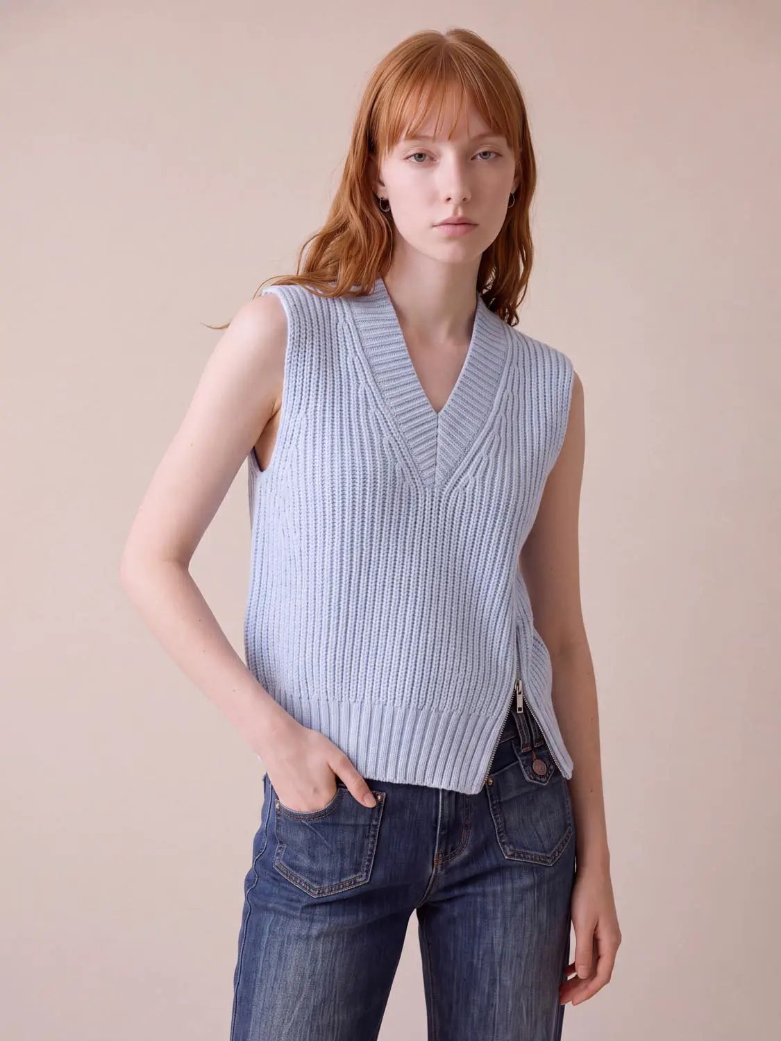 Loose V-Neck Knitted Vest by Urban Revivo Fashion in light blue sleeveless ribbed knit