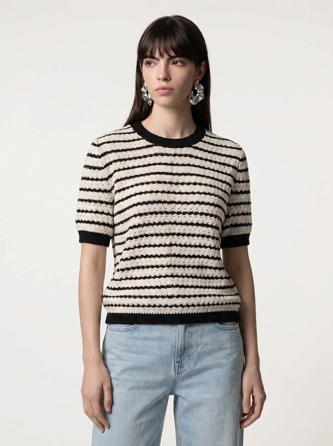 Round Neck Striped Knit Short Sleeve Cotton T-Shirt by Urban Revivo Fashion in black and cream