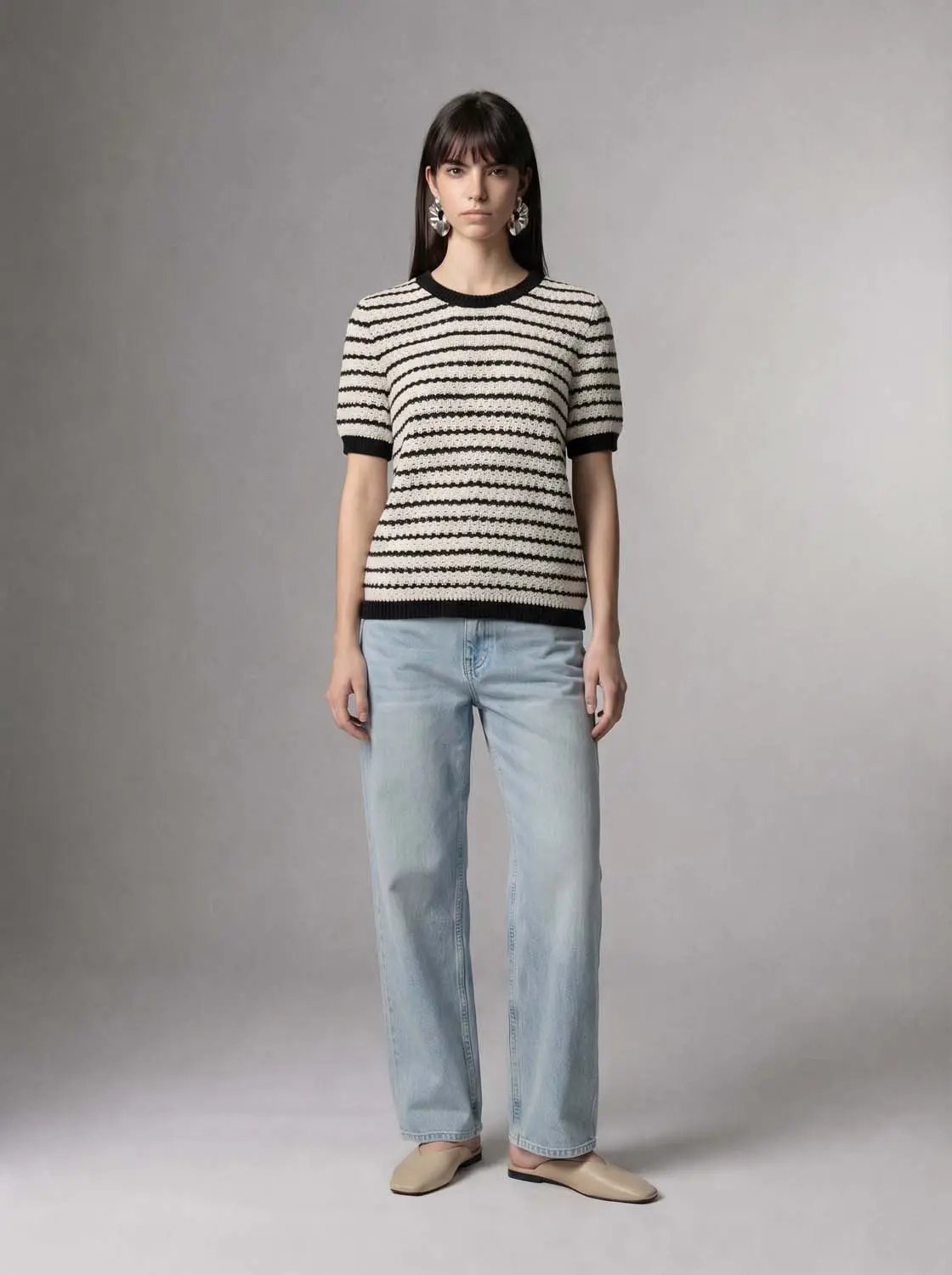 Round Neck Striped Knit Short Sleeve Cotton T‑Shirt; cream with black stripes.