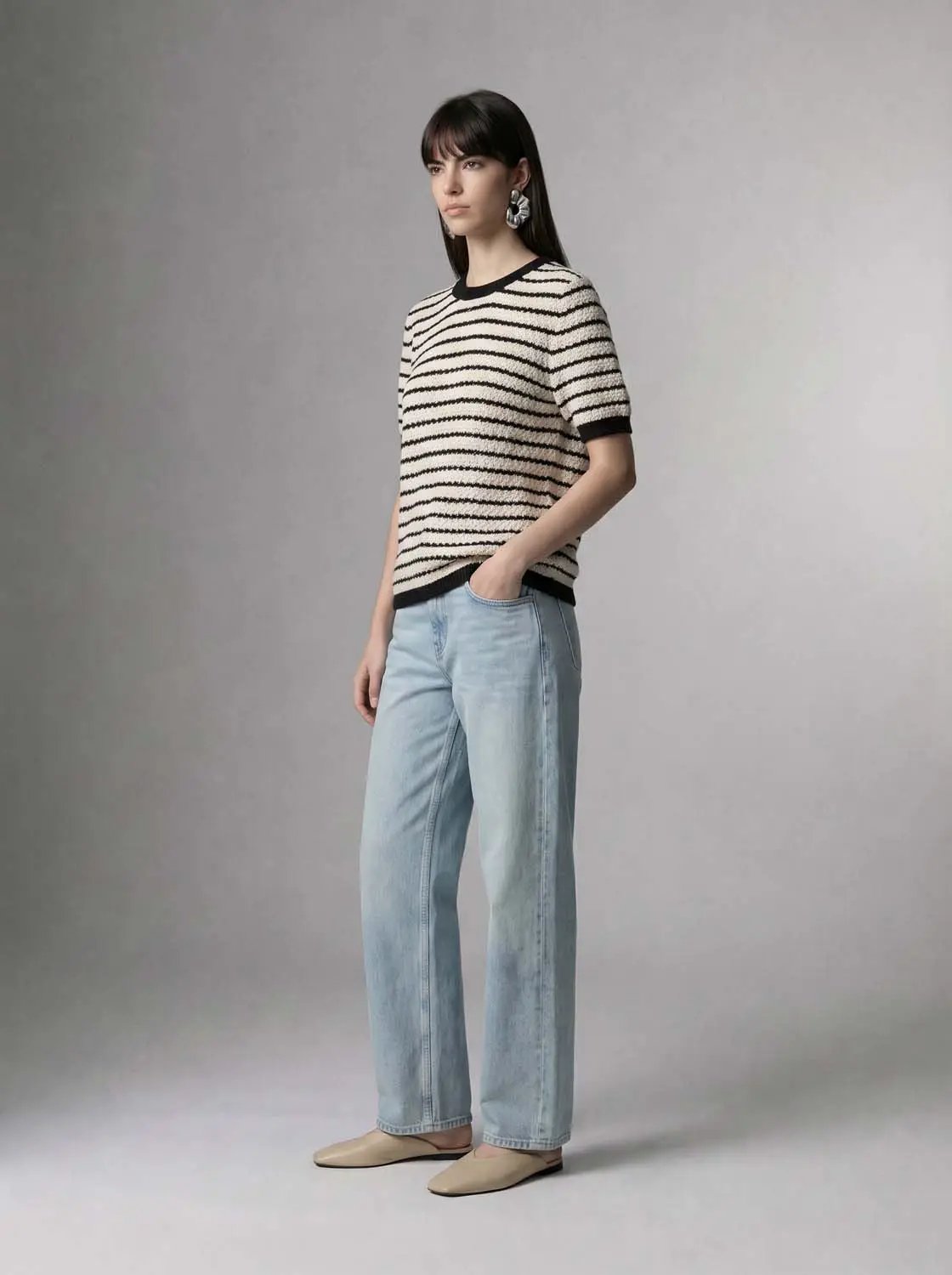Round-neck striped knit cotton short-sleeve T-shirt by Urban Revivo Fashion; cream with black stripes.