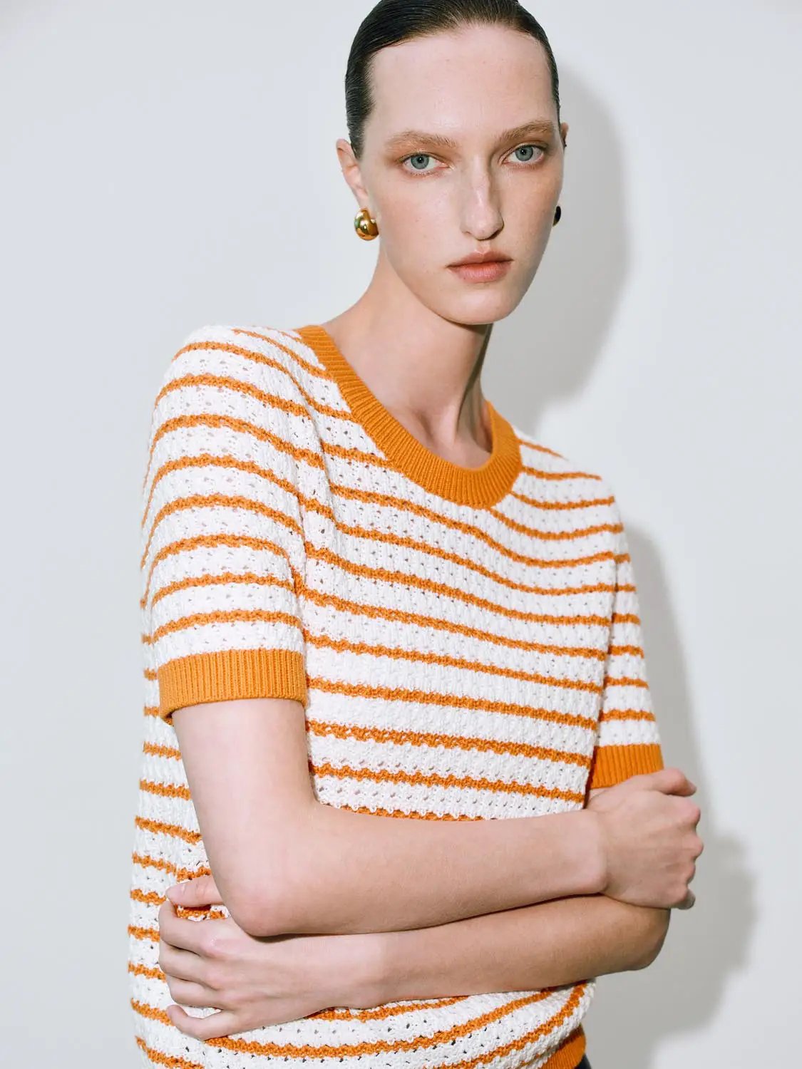 Round Neck Striped Knit Short Sleeve Cotton T-Shirt by Urban Revivo Fashion in orange and white stripes