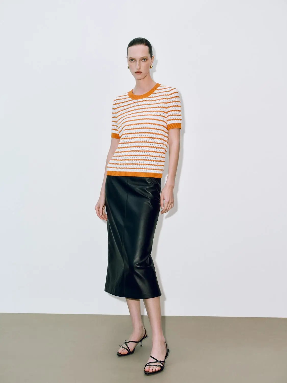 Round-neck striped knit cotton short-sleeve T-shirt, orange and white stripes, Urban Revivo Fashion