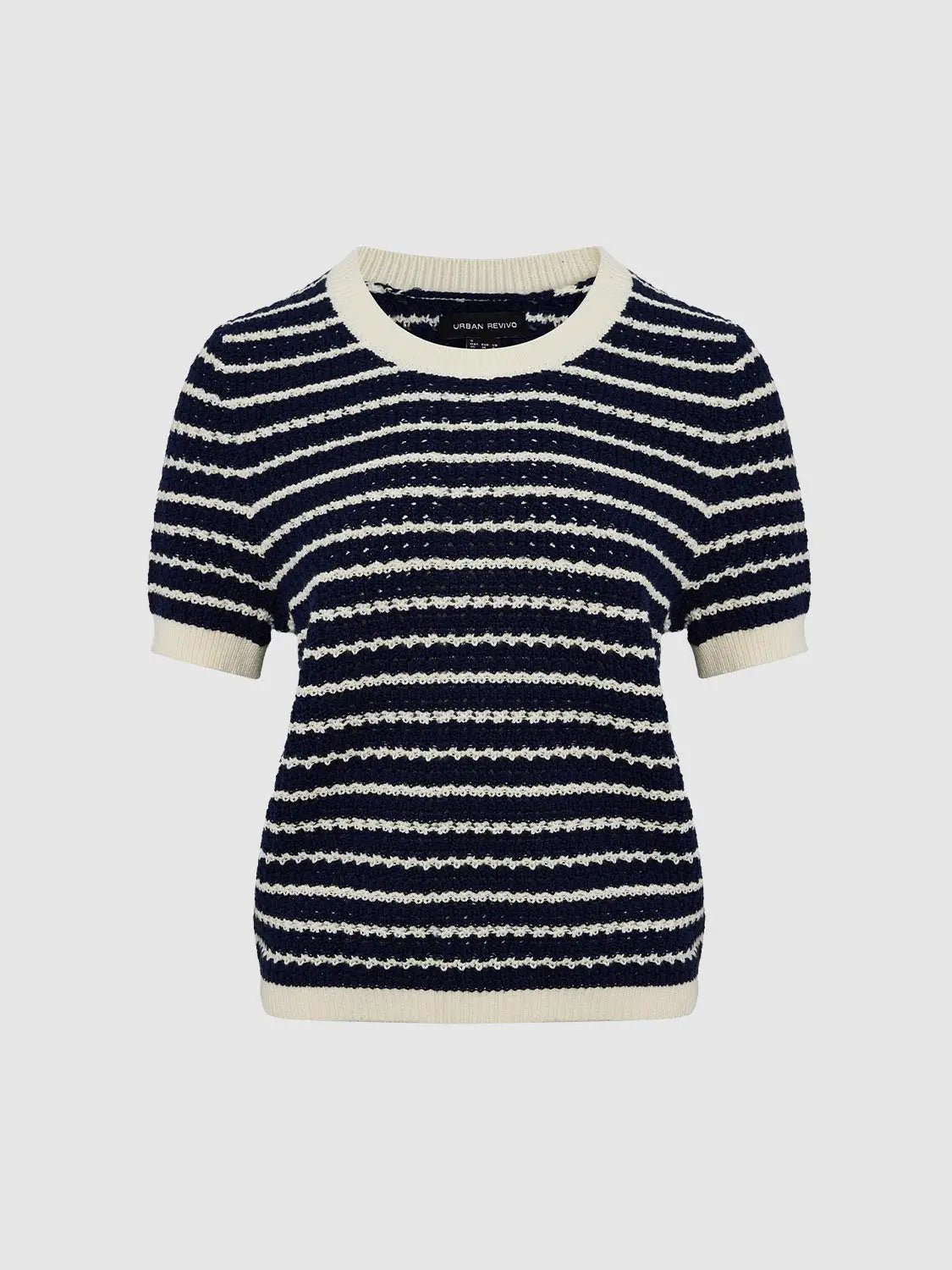 Round Neck Striped Knit Short Sleeve Cotton T-Shirt, navy and white, Urban Revivo Fashion