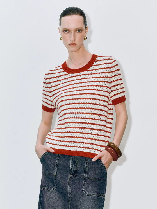 Round Neck Striped Knit Short Sleeve Cotton T-Shirt