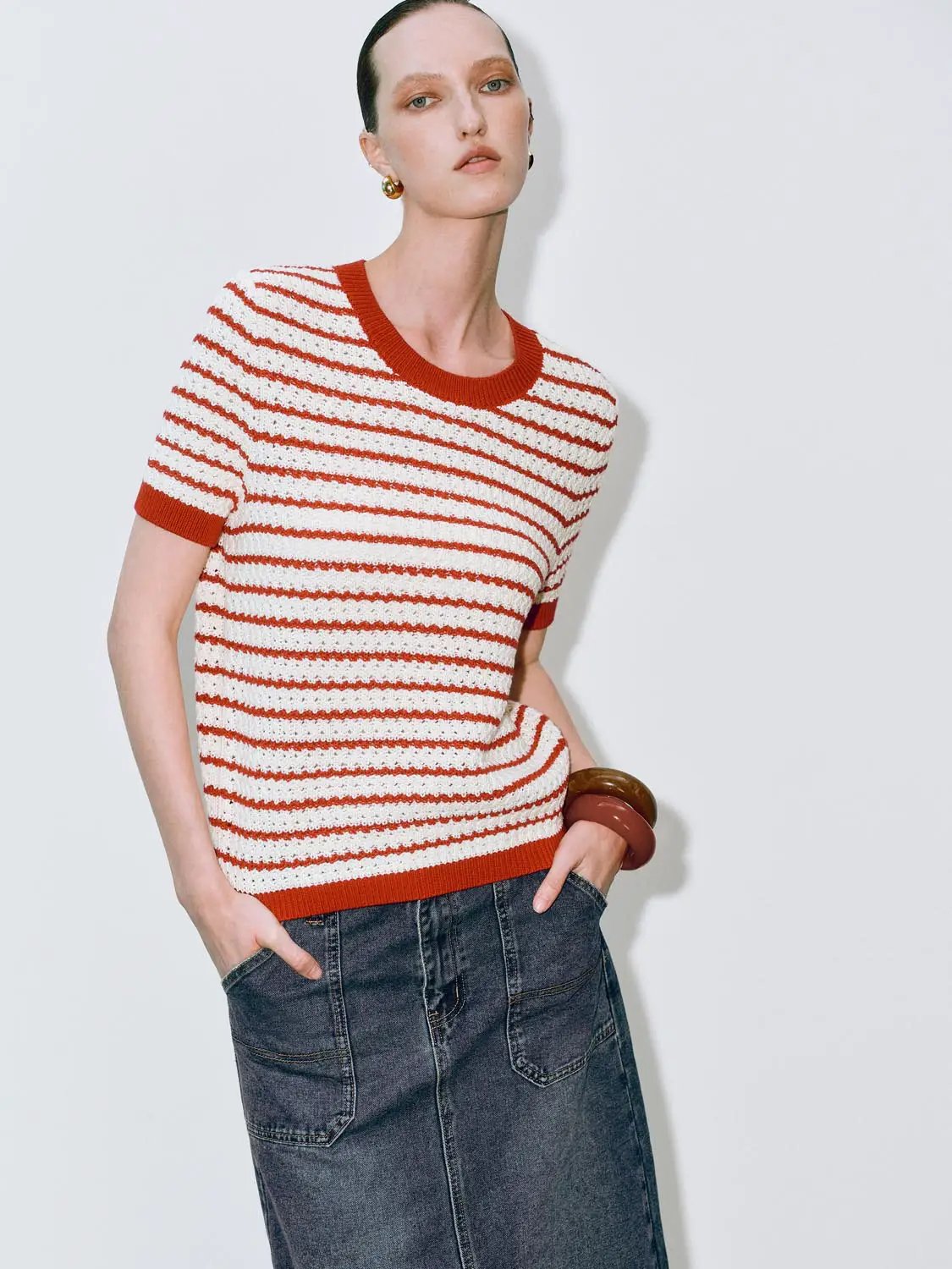 Round Neck Striped Knit Short Sleeve Cotton T-Shirt, Urban Revivo Fashion, white with red stripes