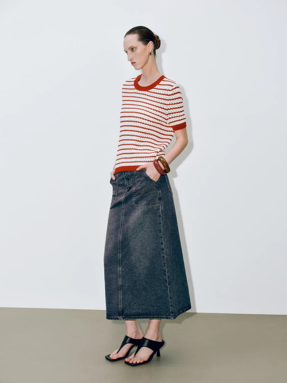 Round Neck Striped Knit Cotton T-Shirt; red and white stripes, short sleeves, paired with a denim maxi skirt