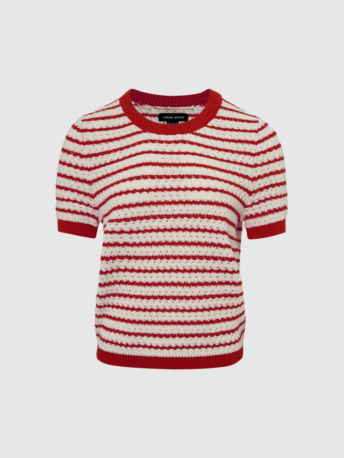 Round-neck striped knit cotton T-shirt, short sleeves, red and cream stripes, Urban Revivo Fashion