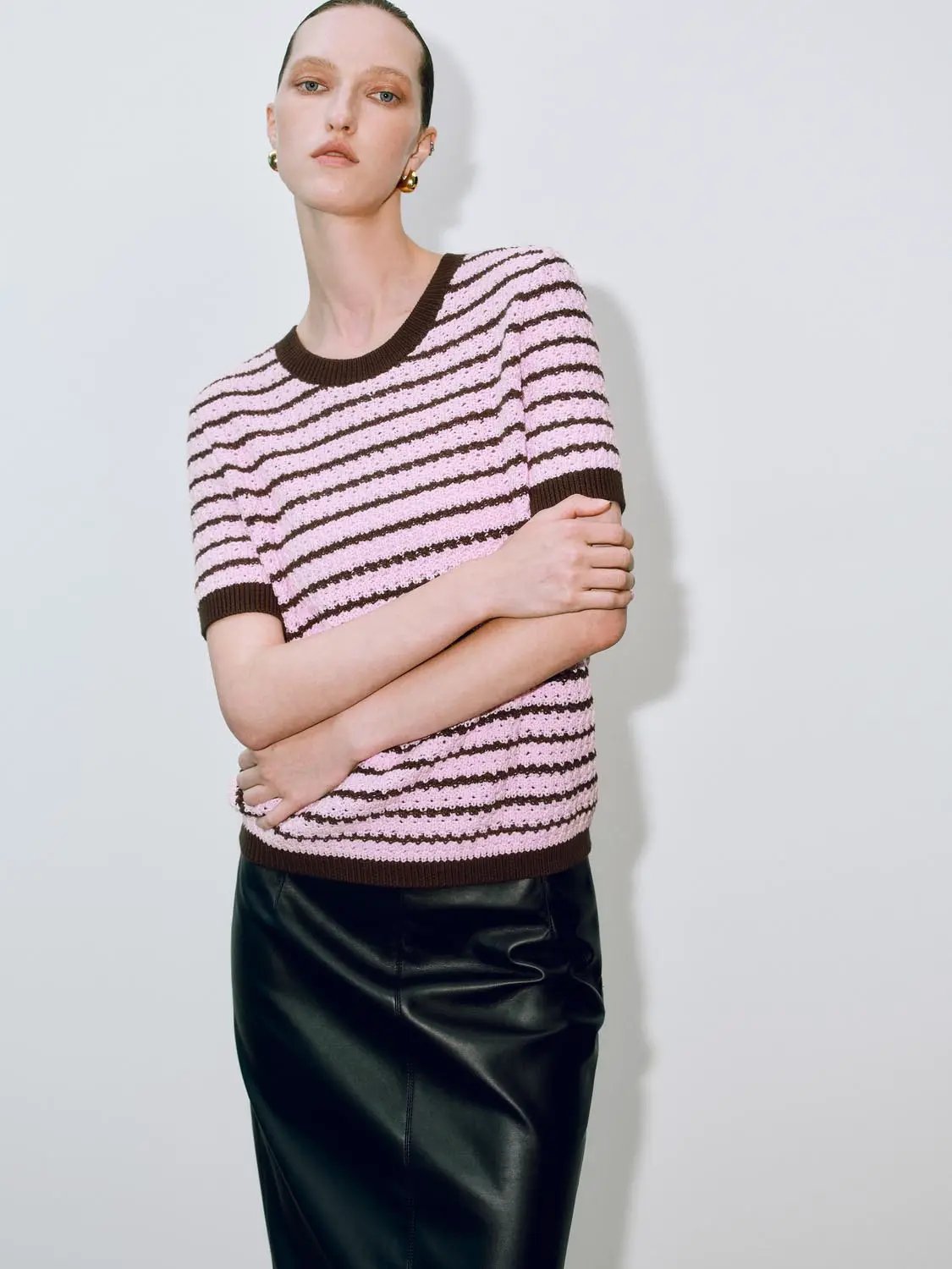 Round Neck Striped Knit Short Sleeve Cotton T-Shirt pink with brown stripes by Urban Revivo Fashion