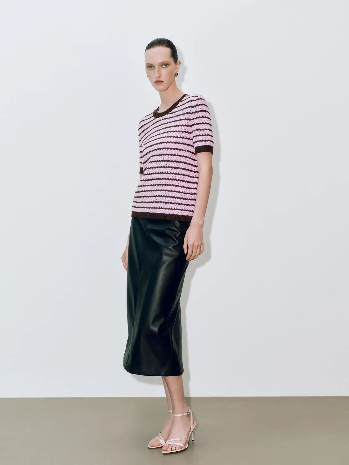 Round Neck Striped Knit Short Sleeve Cotton T-Shirt by Urban Revivo Fashion in pink with brown stripes
