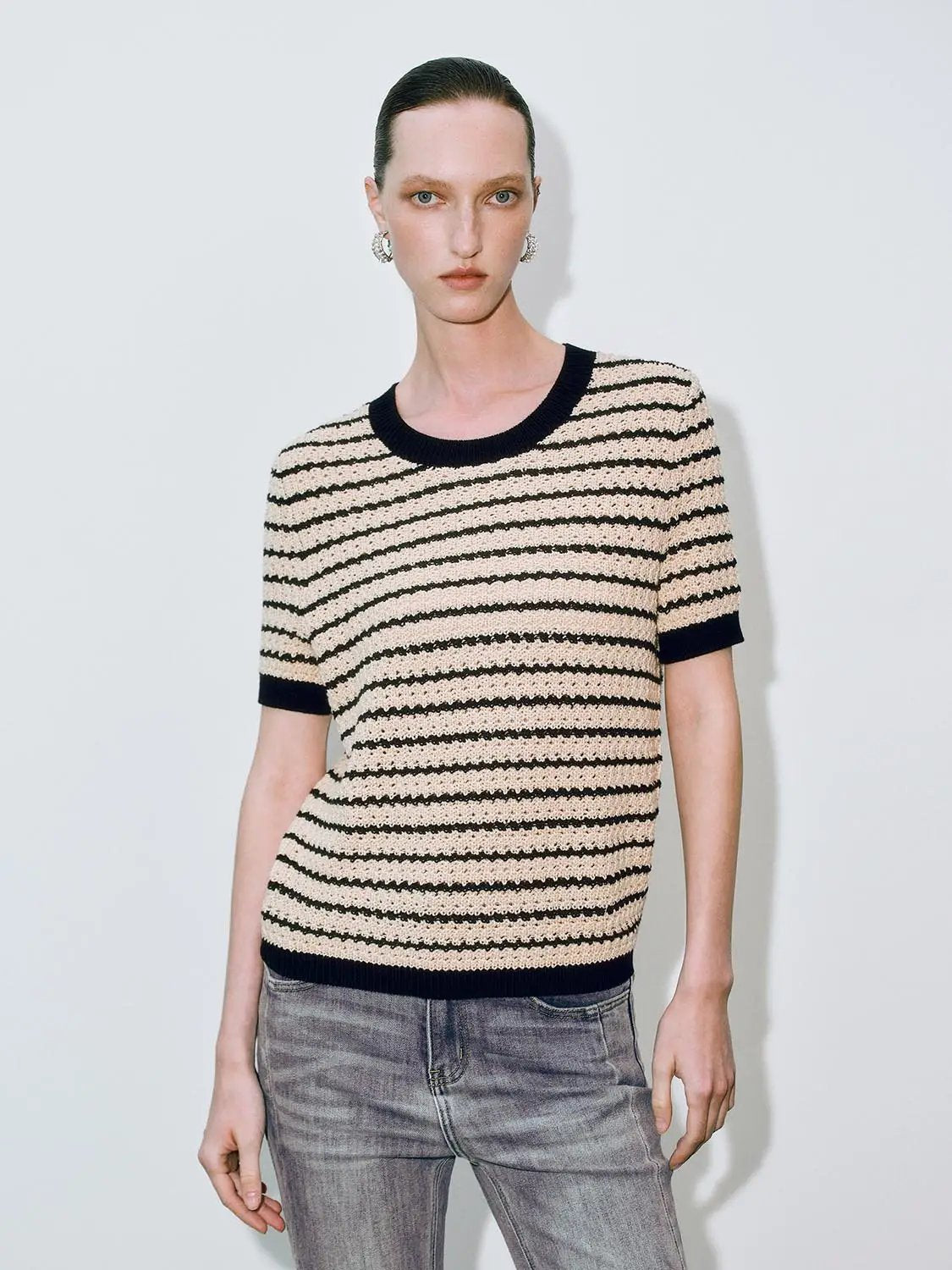 Round Neck Striped Knit Short Sleeve Cotton T-Shirt in beige and black stripes, Urban Revivo Fashion.