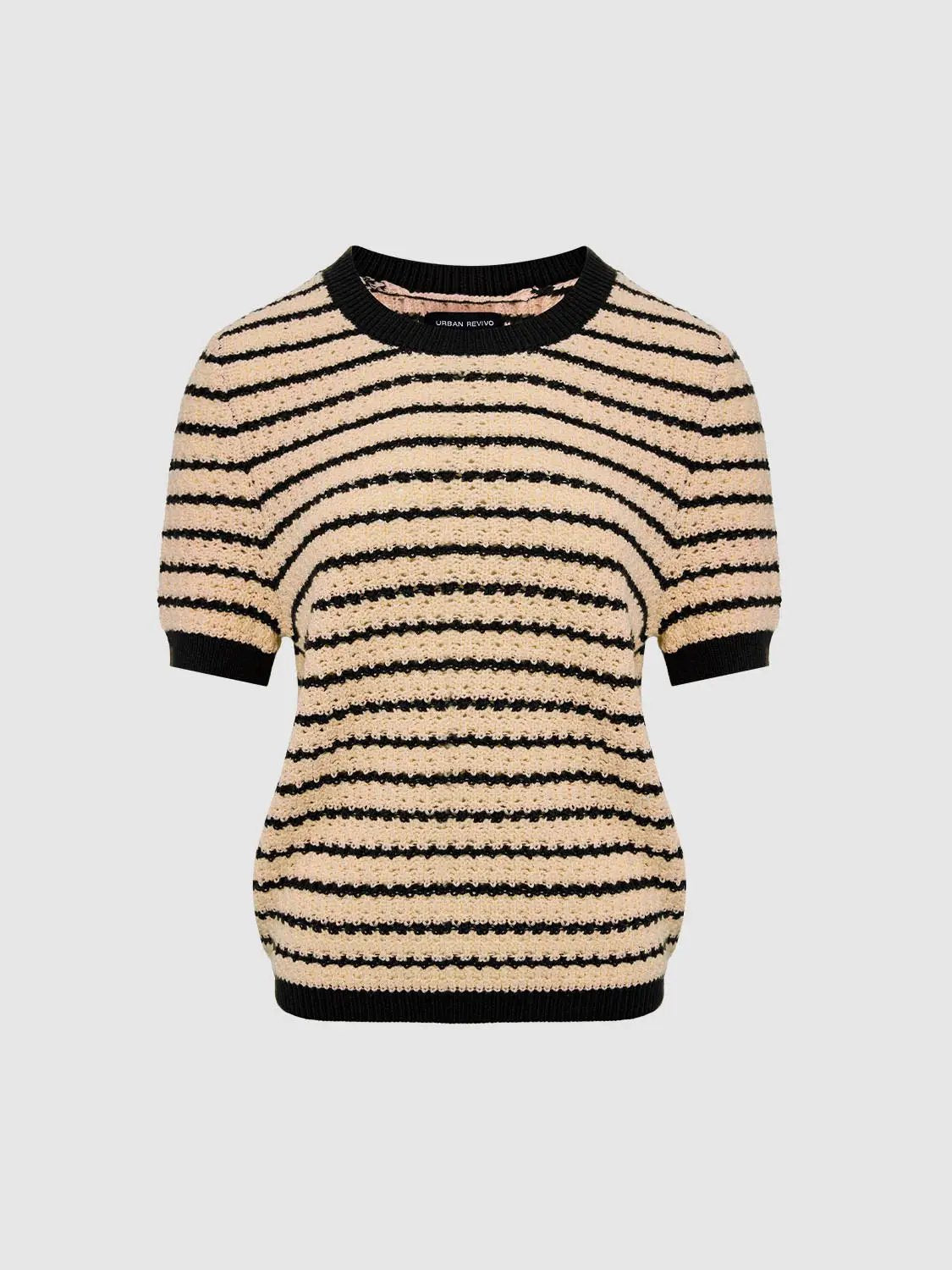 Round-neck striped knit cotton T-shirt with short sleeves, beige and black stripes, Urban Revivo