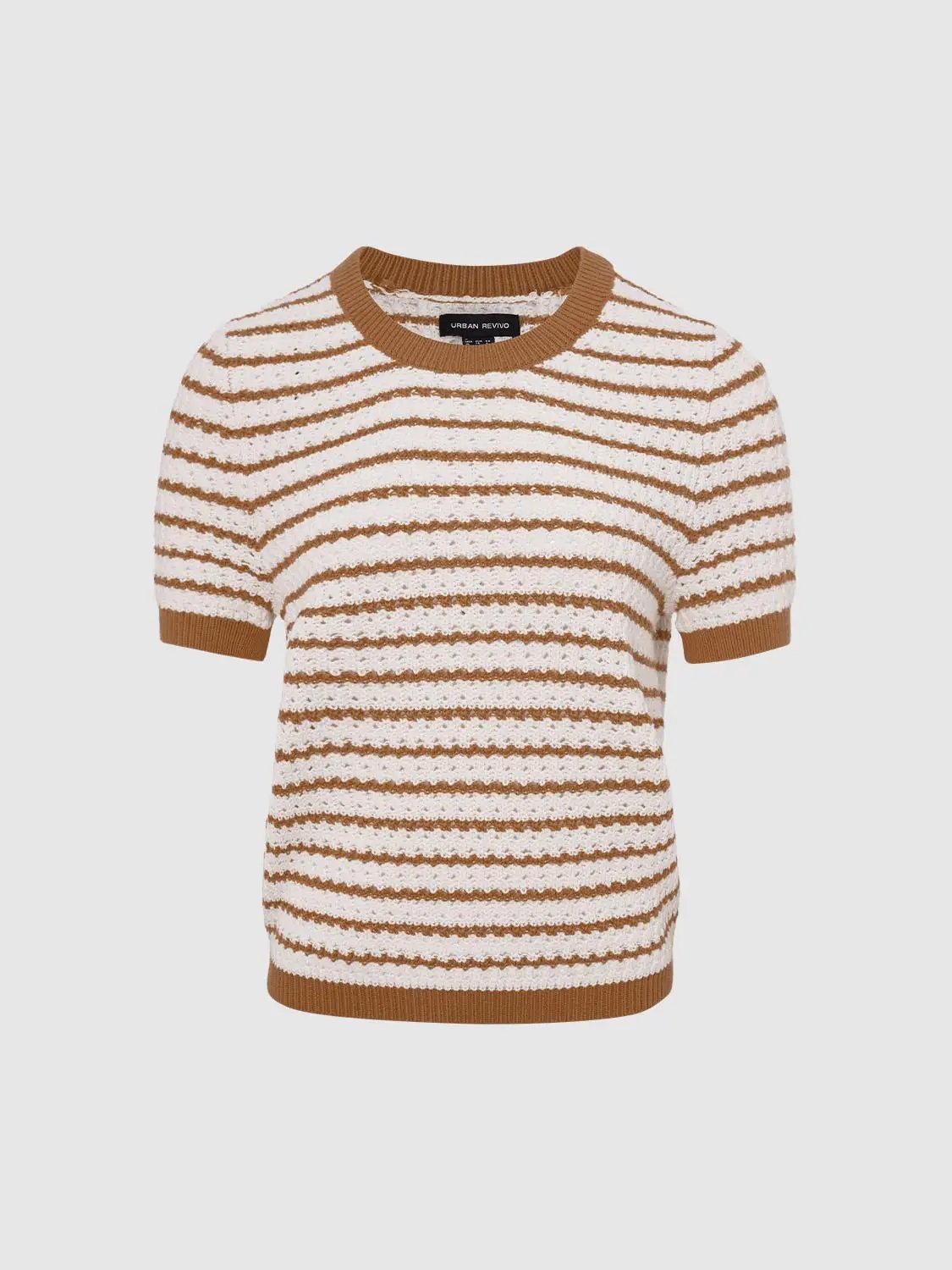 Round Neck Striped Knit Short Sleeve Cotton T-Shirt in camel and white by Urban Revivo Fashion