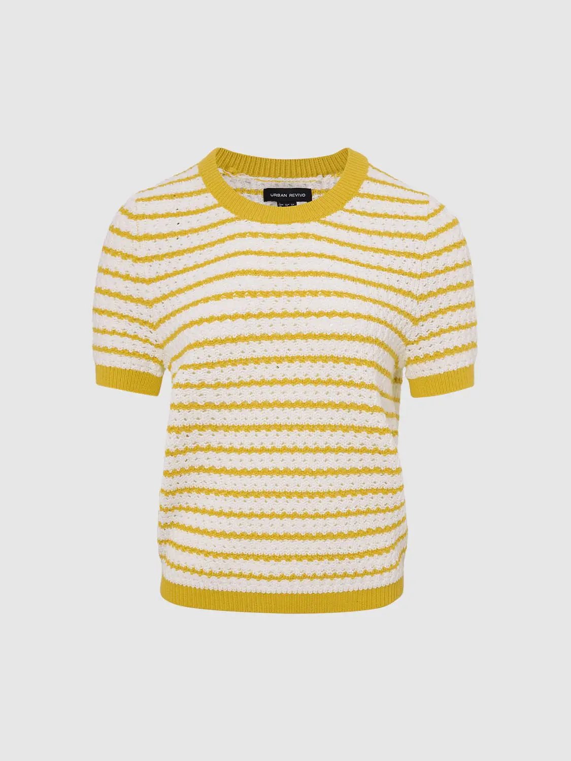 Round neck striped knit cotton T-shirt with yellow stripes on white, short sleeves, Urban Revivo