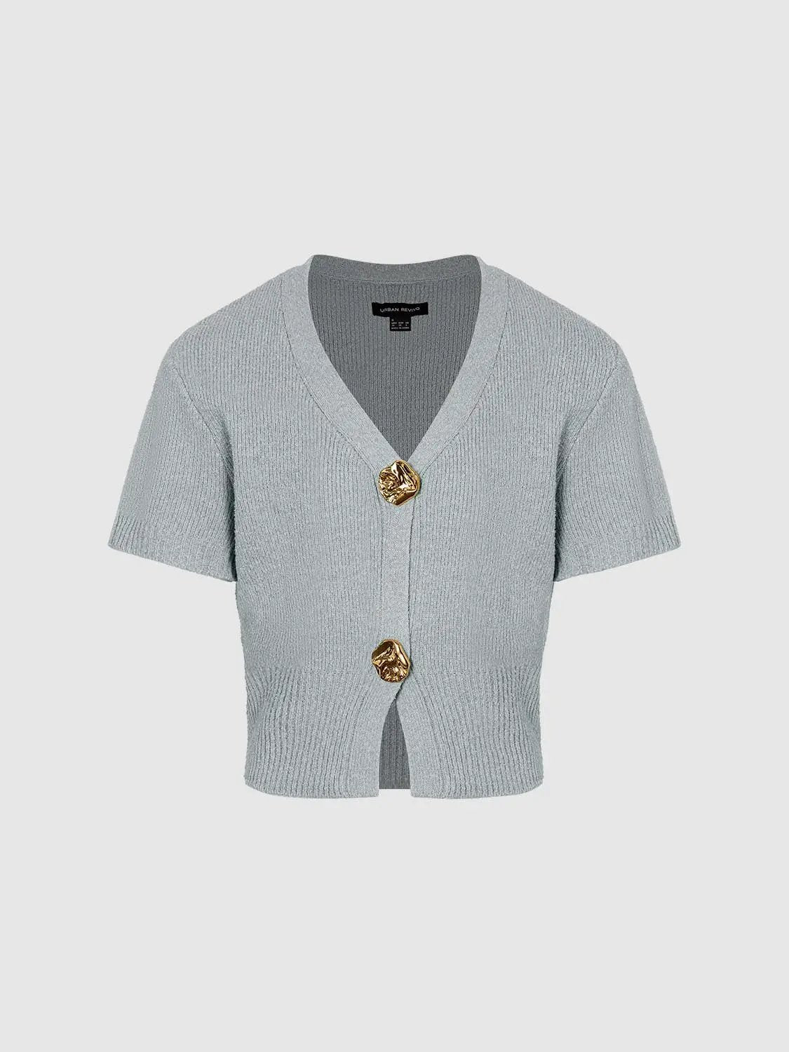 Short sleeve knitted cardigan, light gray knit with two gold-tone buttons, Urban Revivo Fashion.