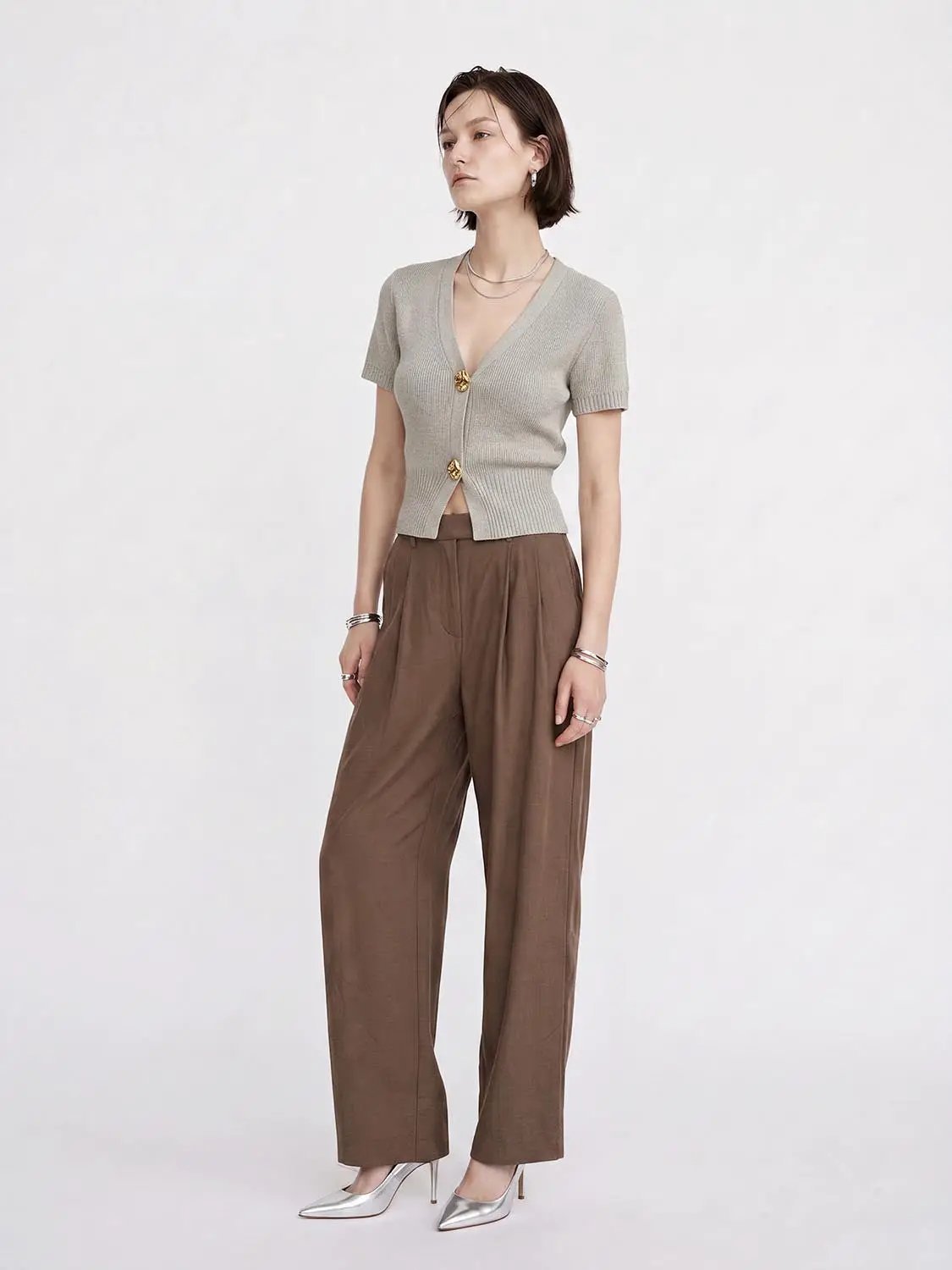 Short Sleeve Knitted Cardigan by Urban Revivo Fashion, beige knit with gold buttons.