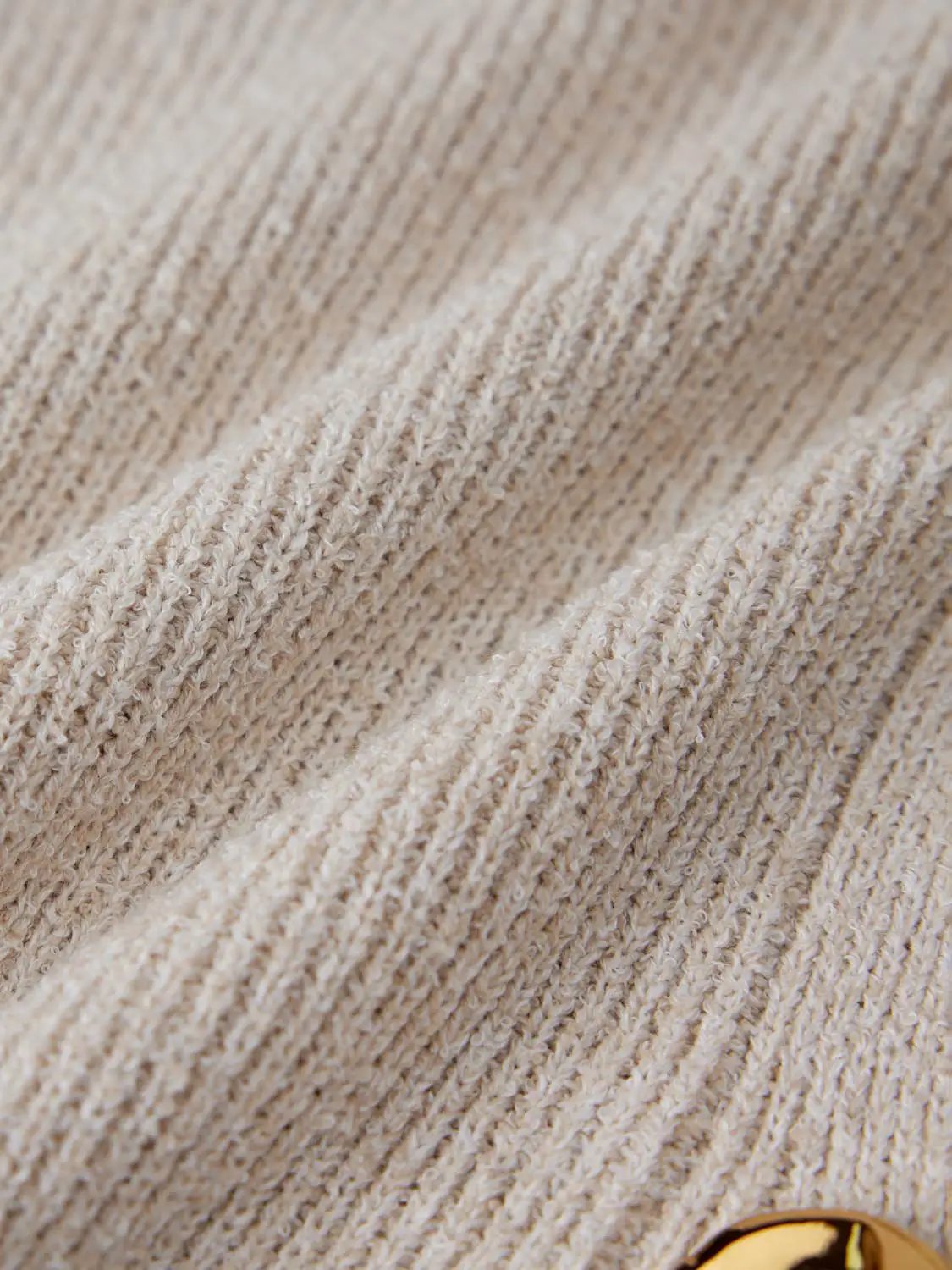 Short sleeve knitted cardigans by Urban Revivo Fashion in beige rib-knit fabric with gold-toned button.