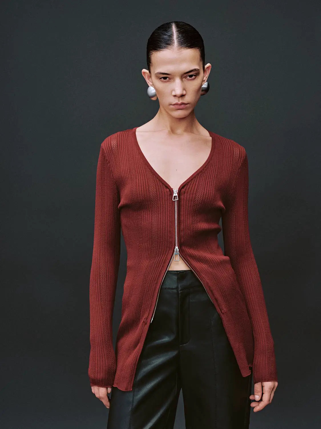 Zip Up Front Knitted Cardigans in burgundy ribbed knit with long sleeves and front zipper