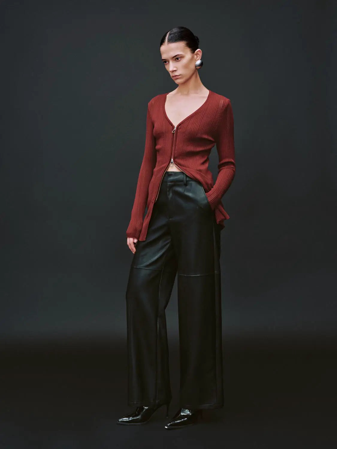 Zip Up Front Knitted Cardigans by Urban Revivo Fashion in burgundy knit
