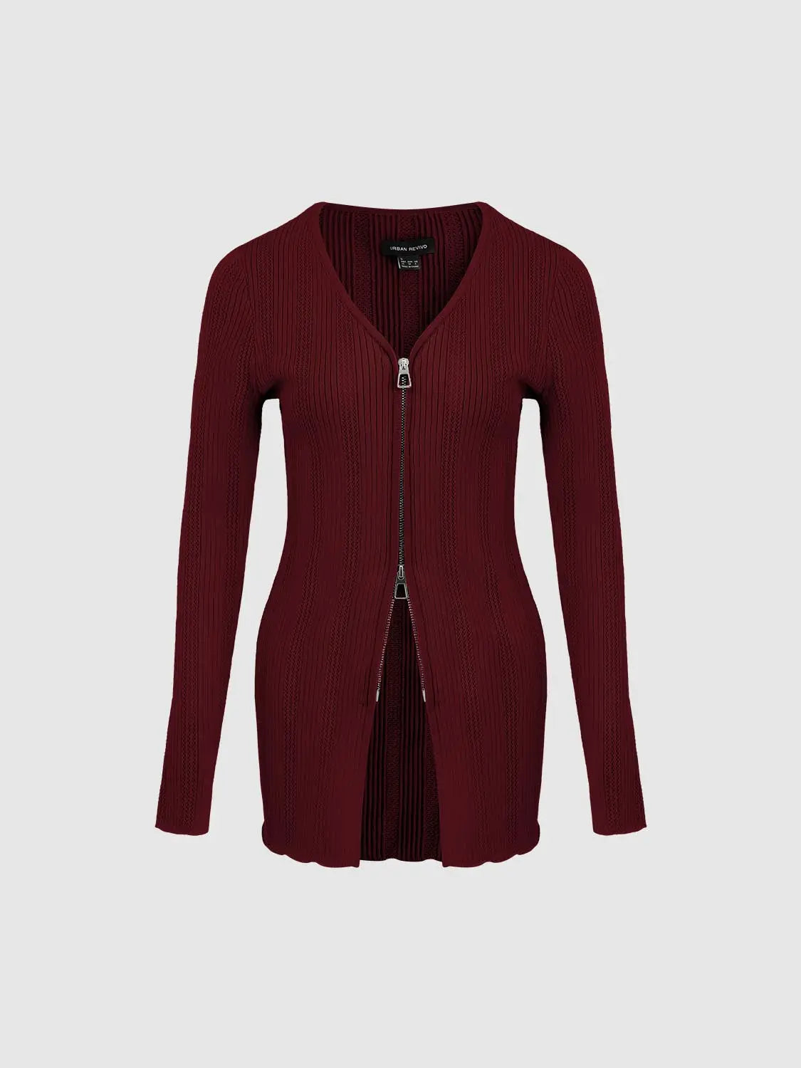 Zip Up Front Knitted Cardigan in burgundy with silver zipper, Urban Revivo Fashion