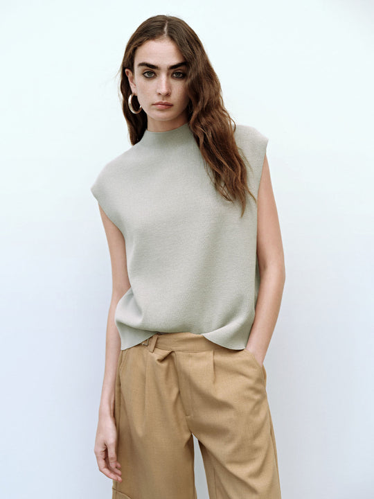 Mock Neck Sleeveless Knitted T-Shirts