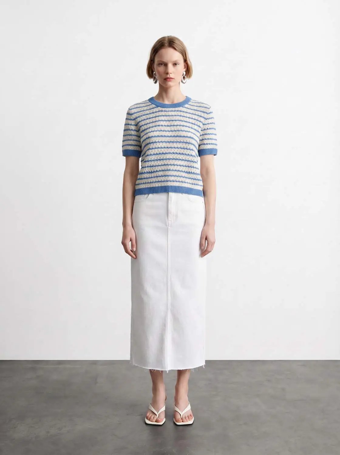 Cotton Striped Textured Knit Rib Trim T-Shirt with short sleeves in cream and blue, Urban Revivo Fashion