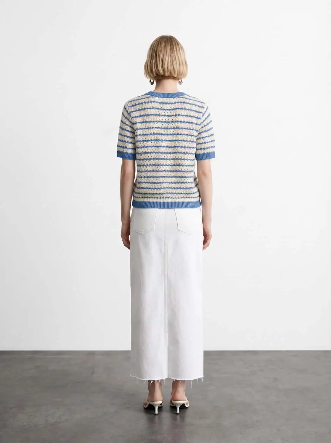 Cotton Striped Textured Knit Rib Trim T-Shirt in cream and blue with short sleeves back view.