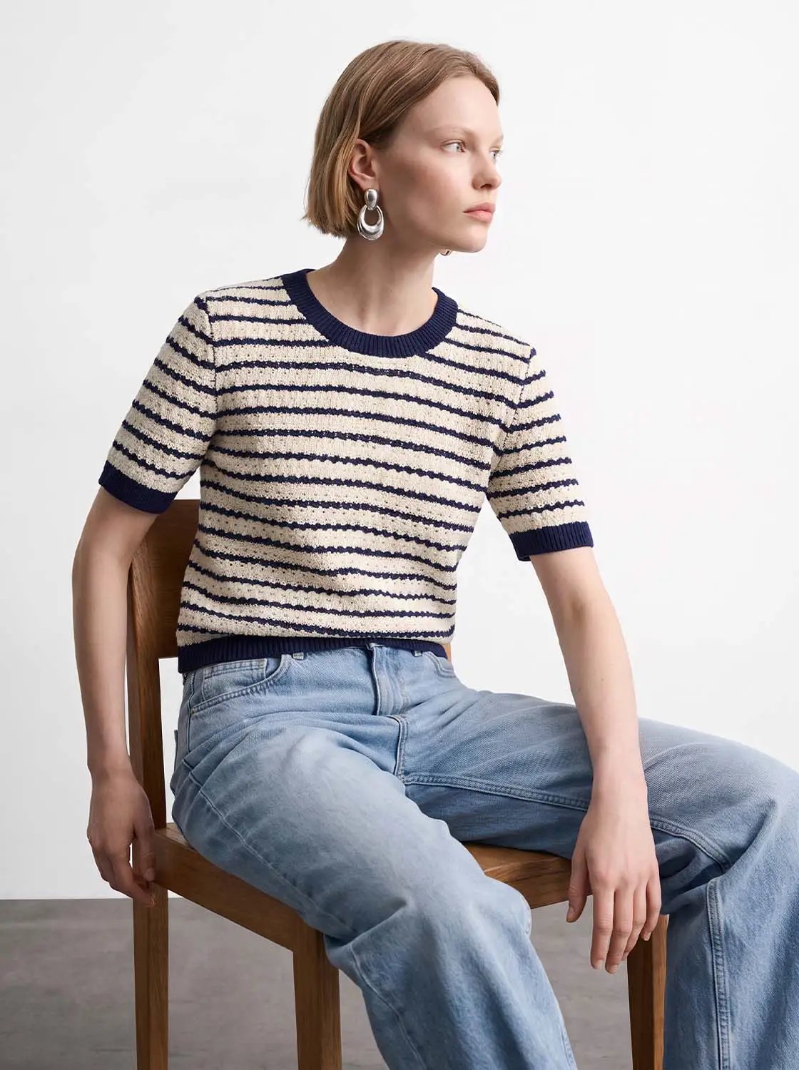 Cotton striped textured knit T-shirt with navy rib trim on cream, short-sleeve crew neck