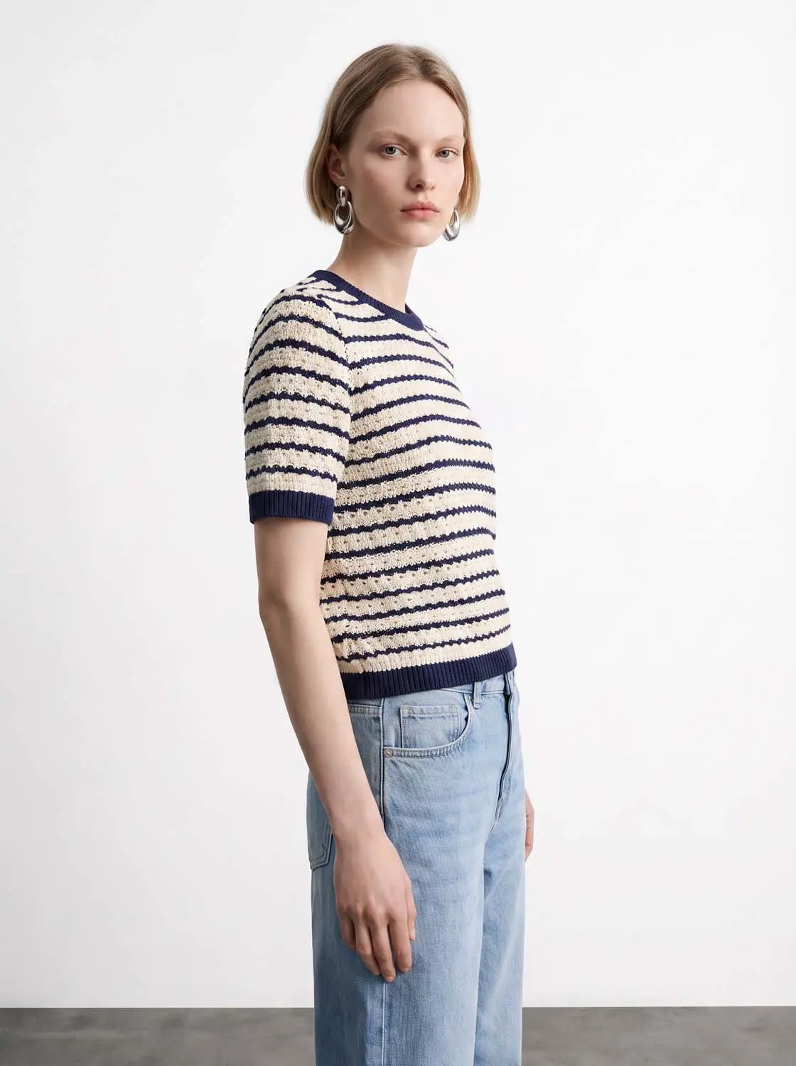 Cotton striped textured knit rib-trim T-shirt by Urban Revivo Fashion, cream with navy stripes, short sleeves.
