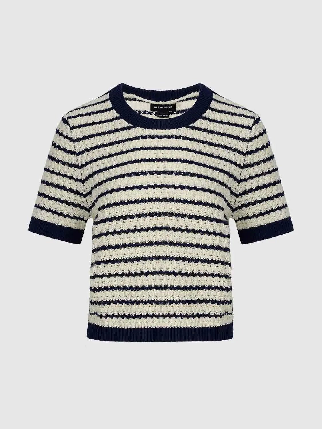 Cotton striped textured knit rib-trim T-shirt in navy and cream by Urban Revivo Fashion.