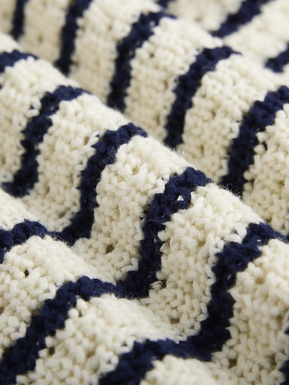 Cotton Striped Textured Knit Rib Trim T-Shirt in cream and navy