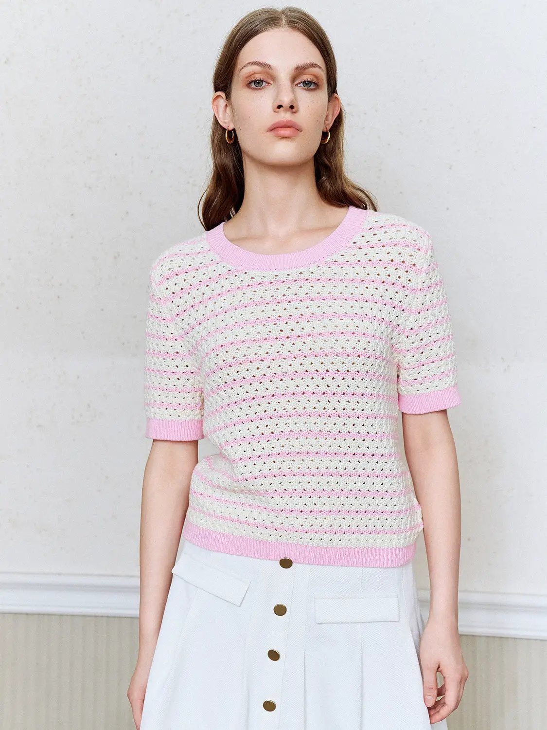 Cotton Striped Textured Knit Rib Trim T-Shirt in pink and white, short sleeves with pink rib cuffs.
