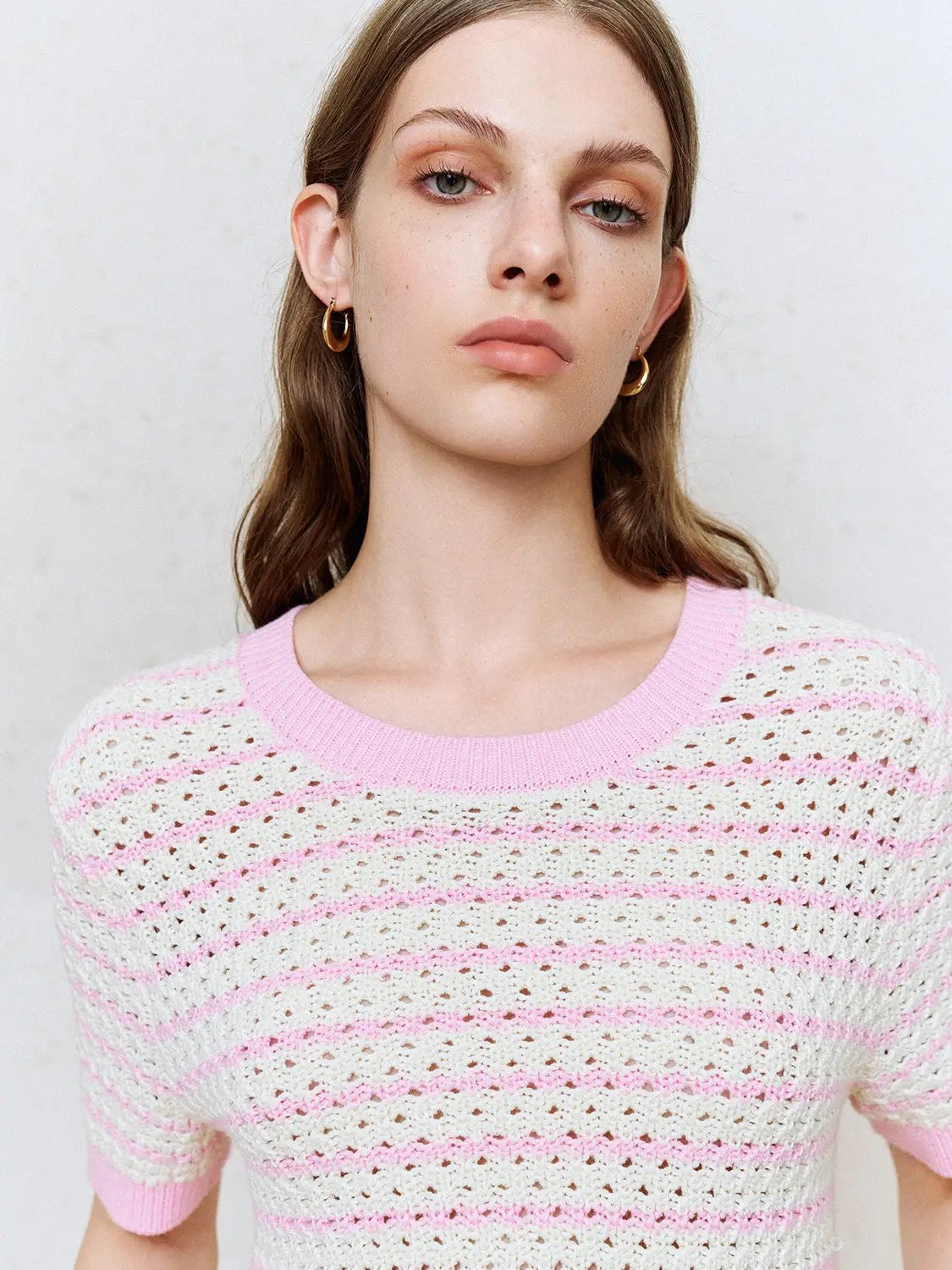 Cotton Striped Textured Knit Rib Trim T-Shirt, white with pink stripes, short sleeves