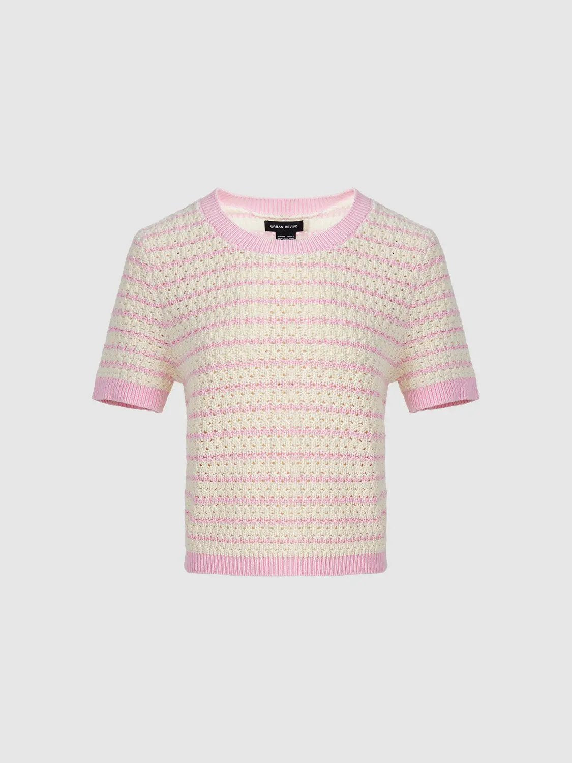 Cotton Striped Textured Knit Rib Trim T-Shirt, pink and cream striped by Urban Revivo Fashion.