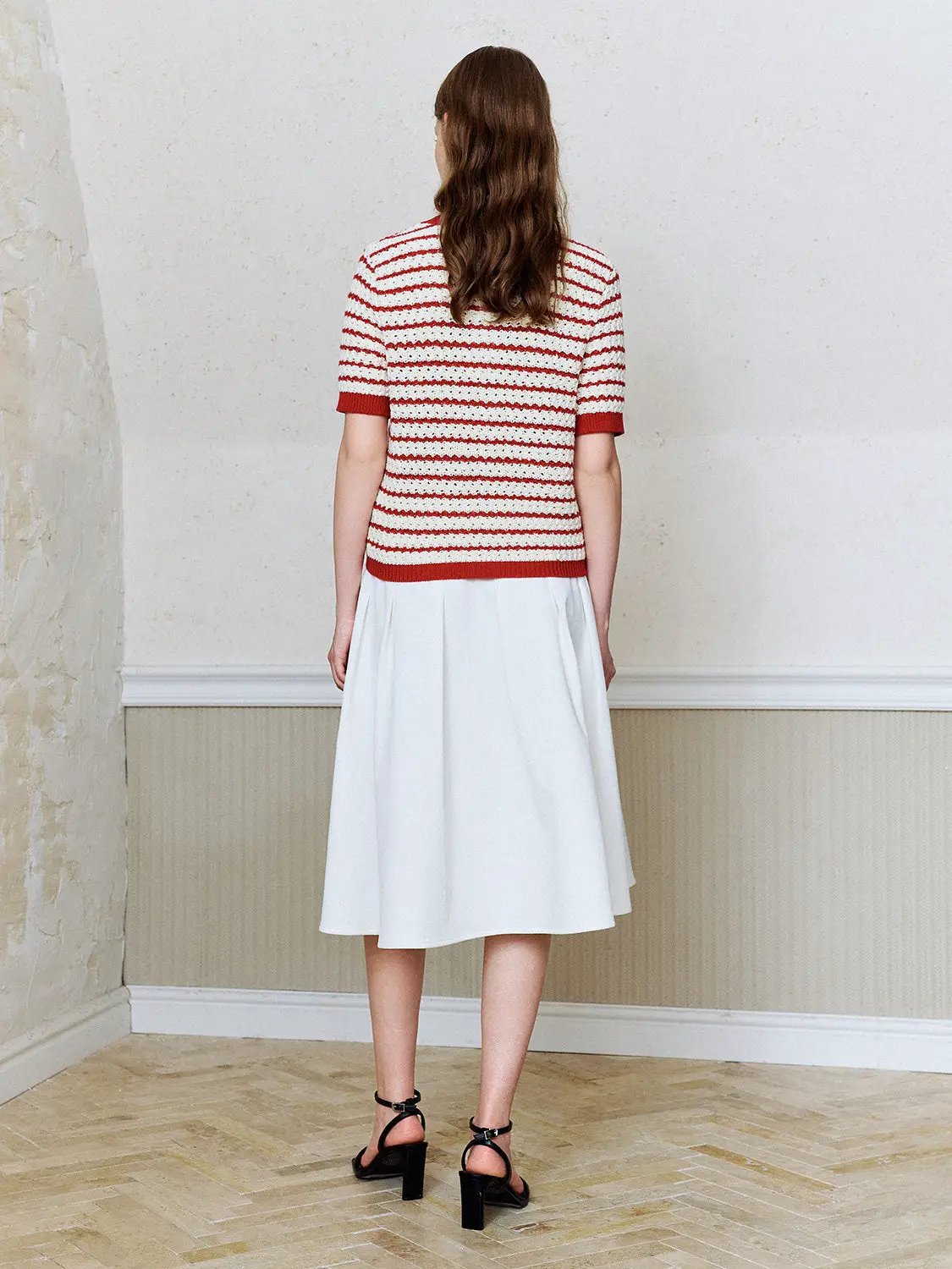 Women's cotton striped textured knit rib-trim T-shirt in red and cream